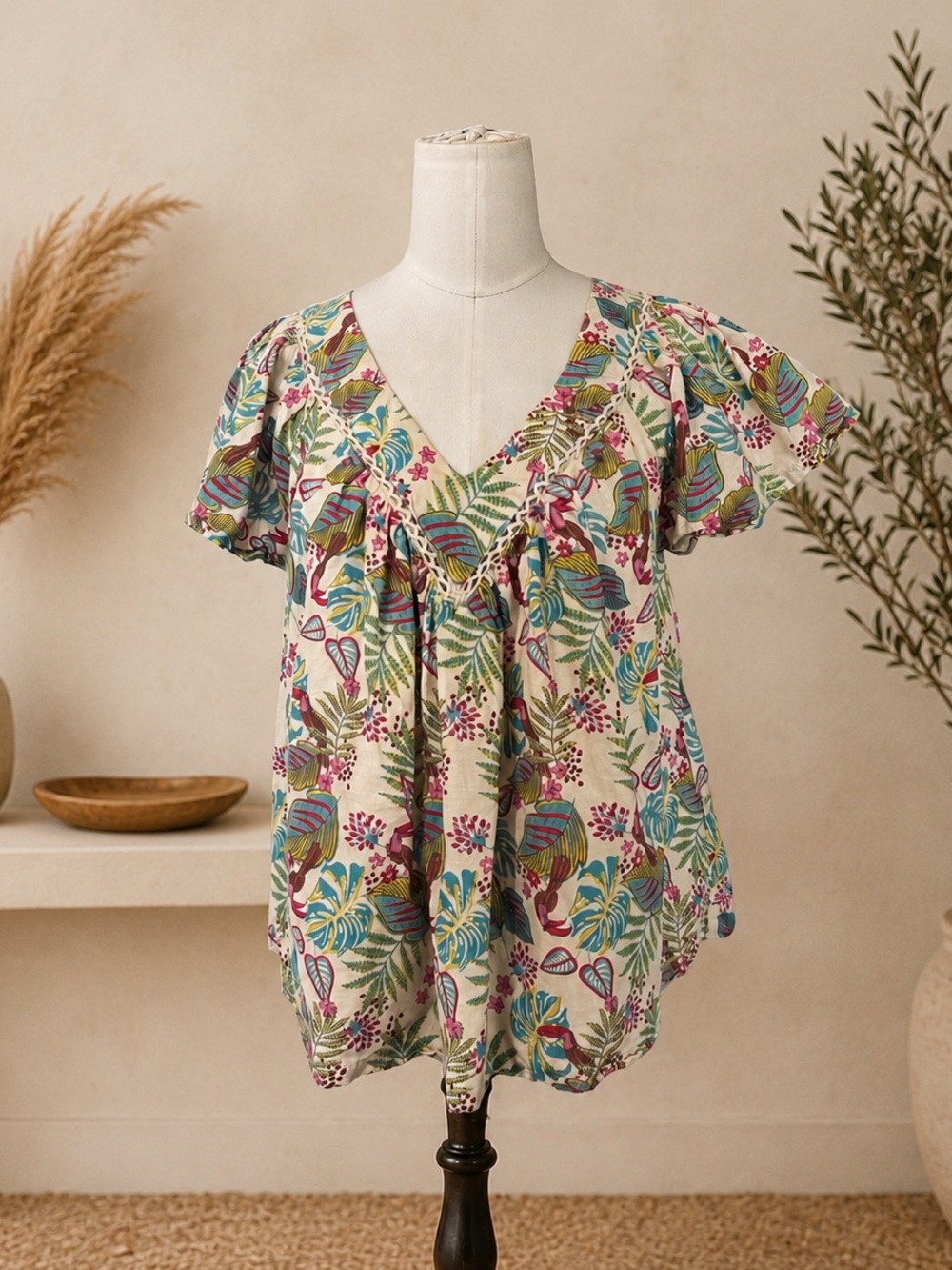 Haute Hippie XS Tropical Floral Bird Print Boho Peasant Top 100%‎ Cotton Flutter